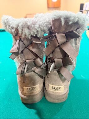UGG Gray Suede Shearling Boots with Ribbon Bows